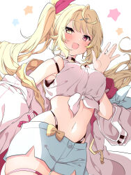 Rule 34 | 1girl, absurdres, blonde hair, blue shorts, blush, breasts, commentary request, cowboy shot, hair ribbon, hand up, heterochromia, highleg, highleg panties, highres, hoshikawa sara, jacket, large breasts, long hair, looking at viewer, midriff, navel, nijisanji, off shoulder, open clothes, open jacket, open mouth, panties, pink eyes, pink ribbon, ribbon, shirt, shorts, sleeveless, sleeveless shirt, smile, solo, star (symbol), tied shirt, twintails, underwear, virtual youtuber, white background, white jacket, white shirt, yellow eyes, yunon oto mad
