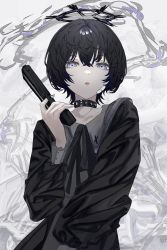 Rule 34 | 1girl, bandage on face, bandages, black hair, blue eyes, bob cut, choker, female focus, finger on trigger, grey background, gun, hair between eyes, halo, handgun, highres, holding, holding gun, holding weapon, looking at viewer, original, pale skin, parted lips, ringed eyes, short hair, smoke, smoking barrel, solo, studded choker, suimin (sui 0y0), weapon, white background