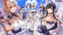Rule 34 | 2boys, 3girls, arm strap, bare shoulders, black hair, blonde hair, blue eyes, blue hair, blue sky, bracelet, breasts, brown hair, character request, choker, cloud, commandant (punishing: gray raven), copyright name, covered navel, day, elbow gloves, fingerless gloves, gloves, hair ornament, hat, highres, jewelry, liv: lux (florescence) (punishing: gray raven), liv (punishing: gray raven), logo, long hair, multiple boys, multiple girls, official art, one eye closed, orange eyes, punishing: gray raven, purple eyes, second-party source, sky, smile, yellow eyes