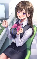 Rule 34 | 1girl, amagi shino, artist name, black skirt, black vest, blush, bow, bowtie, breasts, brown hair, chair, checkered floor, clenched hands, collared shirt, computer, cpu, hair behind ear, hand up, highres, id card, large breasts, long hair, long sleeves, mouse (computer), office lady, open mouth, original, pencil skirt, pink bow, pink bowtie, purple eyes, receptionist girl (amagi shino), shirt, sitting, skirt, smile, swept bangs, vest, watermark, white shirt