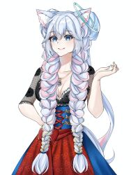 Rule 34 | 1girl, absurdres, animal ears, blouse, blue corset, blue eyes, blue gemstone, blue skirt, bow, braid, breasts, cherry print, cleavage, closed mouth, corset, dirndl, fishnet top, fishnets, floral print, food print, fox ears, fox girl, fumechiya, gem, german clothes, gold necklace, grey hair, halo, highres, indie virtual youtuber, jewelry, kirsche verstahl, large breasts, long hair, multicolored hair, necklace, pink hair, red bow, red skirt, second-party source, shirt, skirt, solo, streaked hair, twin braids, virtual youtuber