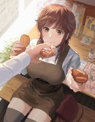 Rule 34 | 1girl, amagami, bag, belt, bench, black thighhighs, bread, breasts, brown dress, brown eyes, brown hair, closed mouth, cup, dress, feeding, food, food on face, highres, holding, holding food, indoors, large breasts, long sleeves, looking at viewer, medium hair, messy hair, nanidato (nanidat0), notebook, on bench, pink nails, pov, pov hands, sakurai rihoko, shirt, shirt under dress, short dress, sitting, solo focus, table, thighhighs, white shirt, window, zettai ryouiki