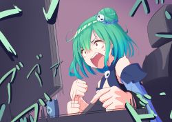 Rule 34 | 1girl, :o, absurdres, anchobi, banging, chair, clenched hand, crying, cup, detached sleeves, gaming chair, green hair, hair bun, hair ornament, highres, hololive, indoors, monitor, shouting, sitting, skull hair ornament, solo, swivel chair, tears, uruha rushia, uruha rushia (1st costume), virtual youtuber