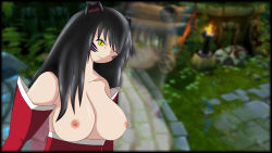 Rule 34 | ahri (league of legends), breasts, grey hair, highres, league of legends, smile, topless, yellow eyes