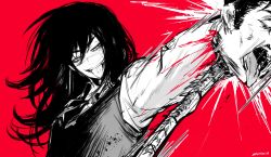 Rule 34 | 1boy, 1girl, absurdres, black hair, black ribbon, chainsaw man, cross scar, dress, facial scar, greyscale, greyscale with colored background, highres, holding, holding weapon, kurenaiz (kuayrenaiz), limited palette, long hair, looking at another, messy hair, monochrome, pinafore dress, red background, red theme, ribbon, scar, scar on cheek, scar on face, severed head, short hair, simple background, sleeveless, sleeveless dress, solo focus, spot color, tanaka (chainsaw man), tongue, tongue out, weapon, yoru (chainsaw man)