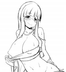 Rule 34 | 1girl, blush, breasts, clothes pull, greyscale, large breasts, lineart, long hair, looking at viewer, monochrome, nipples, shirt pull, simple background, smile, solo, sweat, white background, zaxwu