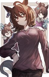Rule 34 | 1girl, agnes tachyon (umamusume), ahoge, animal ears, bare shoulders, black pants, breasts, brown hair, chemical structure, closed eyes, closed mouth, commentary request, cowboy shot, earrings, hand on own hip, highres, horse ears, horse girl, horse tail, jewelry, long hair, long sleeves, looking at viewer, medium breasts, messy hair, multiple views, necklace, pants, purple sweater, red eyes, short hair, siena (moratoriummaga), single earring, smile, sweater, tail, thinking, umamusume