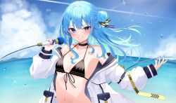 Rule 34 | 1girl, blue eyes, blue hair, blush, breasts, choker, cloud, hair between eyes, highres, holding, holding microphone, hololive, hoshimachi suisei, hoshimachi suisei (school uniform), jacket, long hair, looking at viewer, microphone, nail polish, navel, ocean, rei (rei 9146), side ponytail, sky, small breasts, smile, solo, star (symbol), virtual youtuber, water