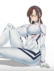 Rule 34 | 1girl, blue hairband, bow hairband, breasts, brown hair, covered navel, duplicate, formal, glasses, hairband, koucha indian, large breasts, leg up, long hair, low twintails, makinami mari illustrious, neon genesis evangelion, pixel-perfect duplicate, plugsuit, rebuild of evangelion, simple background, sitting, solo, suit, thick thighs, thighs, twintails, white background, white suit