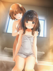 Rule 34 | 2girls, bare shoulders, bath, bathroom, bathtub, black hair, blush, breasts, brown eyes, brown hair, chestnut mouth, collarbone, dutch angle, feet out of frame, furrowed brow, gluteal fold, hair between eyes, hands on another&#039;s shoulders, highres, long hair, looking at viewer, multiple girls, naked towel, open mouth, original, shiny skin, short hair, sitting, small breasts, smile, steam, tachiinu, towel, water drop, wet