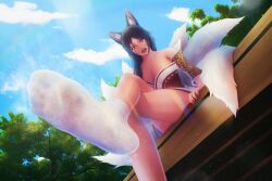 Rule 34 | 1girl, absurdres, ahri (league of legends), animal ears, black hair, breasts, cleavage, crossed legs, feet, female focus, foot focus, from below, highres, large breasts, league of legends, licking lips, long hair, looking at viewer, multiple tails, open mouth, sitting, socks, soles, solo, steam, tail, tongue, tongue out, white socks, yellow eyes