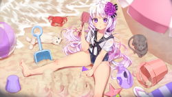 Rule 34 | 1girl, :o, agnamore, animal, bad id, bad pixiv id, ball, bare legs, barefoot, beach, beach umbrella, beachball, black bow, black cat, black sailor collar, blue one-piece swimsuit, blush, bow, bucket, cat, collarbone, commentary request, copyright request, crab, day, flower, hair flower, hair ornament, hand up, holding, korean commentary, long hair, looking at viewer, one-piece swimsuit, outdoors, parted lips, pennant, purple eyes, purple flower, purple hair, purple rose, rose, sailor collar, sand, sand castle, sand sculpture, school uniform, serafuku, shirt, short sleeves, sitting, solo, swimsuit, swimsuit under clothes, transparent, umbrella, very long hair, water, watering can, white cat, white shirt