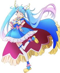 Rule 34 | 1girl, asymmetrical clothes, blue cape, blue dress, blue eyes, blue hair, blue theme, cape, commentary request, cure sky, detached sleeves, dress, earrings, eyelashes, fingerless gloves, fpminnie1, gloves, gradient hair, hair ornament, happy, highres, hirogaru sky! precure, jewelry, light blue hair, long hair, looking at viewer, magical girl, multicolored hair, one eye closed, pink hair, precure, puffy short sleeves, puffy sleeves, shoes, short sleeves, simple background, smile, solo, sora harewataru, standing, streaked hair, thighhighs, thighs, twintails, white background, white gloves