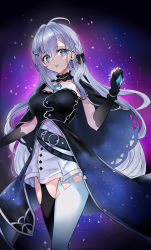 Rule 34 | 1girl, absurdres, another project, belt, black dress, black gloves, black thighhighs, blue belt, blue eyes, blue hair, blue thighhighs, breasts, chinese commentary, dress, elbow gloves, fingerless gloves, gloves, gradient dress, hair behind ear, highres, long hair, medium breasts, open mouth, rola (vtuber), second-party source, skirt, solo, srpzk, thighhighs, very long hair, virtual youtuber, white skirt