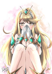 Rule 34 | 1girl, absurdres, bare shoulders, blonde hair, breasts, chest jewel, cleavage, cleavage cutout, clothing cutout, dress, earrings, elbow gloves, gloves, headpiece, highres, jewelry, large breasts, long hair, mythra (xenoblade), short dress, sofusan1526, solo, swept bangs, tiara, very long hair, white dress, white gloves, xenoblade chronicles (series), xenoblade chronicles 2, yellow eyes