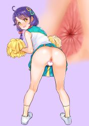 Rule 34 | 1girl, absurdres, ahoge, anus, ass, blue hair, blush, bow, censored, cheerleader, close-up, clothes lift, hair bow, hair ornament, hairclip, heart, heart censor, highres, kneepits, kuppipi ramutarou, legs, looking back, no panties, pom pom (cheerleading), precure, simple background, skirt, skirt lift, socks, suzumura sango, tropical-rouge! precure, yellow eyes