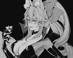 Rule 34 | 1girl, animal ear fluff, animal ears, black background, black gloves, bodysuit, bow, breasts, choker, cleavage, elbow gloves, fang, fate/grand order, fate (series), fox ears, fox tail, glasses, gloves, greyscale, hair between eyes, hair bow, highres, ichiya1115, koyanskaya (assassin) (first ascension) (fate), koyanskaya (fate), large breasts, long hair, looking at viewer, monochrome, open mouth, ponytail, saint quartz (fate), sidelocks, simple background, smile, solo, tail, tamamo (fate), upper body