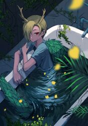 Rule 34 | 1girl, antlers, bath, blonde hair, blue shirt, dragon girl, efxc, faucet, hair over one eye, horns, kicchou yachie, leaf, medium hair, moss, partially submerged, red eyes, ripples, scales, shell, shirt, short sleeves, solo, tail, touhou, water