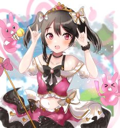 Rule 34 | 1girl, absurdres, artist name, artist request, back bow, bare shoulders, black hair, black skirt, black wrist cuffs, blue sky, blush, bow, breasts, cloud, collarbone, diamond (gemstone), double m/, dress, earrings, female focus, flat chest, granblue fantasy, hair between eyes, hair bow, heart, heart earrings, highres, jewelry, long hair, looking at viewer, love live!, love live! school idol festival, love live! school idol project, miniskirt, mountain, nico nico nii, outdoors, parted lips, pink skirt, plaid, plaid dress, plaid skirt, pleated, pleated dress, pleated skirt, red eyes, short hair, short twintails, single wrist cuff, skirt, sky, sleeveless, sleeveless dress, small breasts, smile, solo, sunya (honorin-yuunibo), sunya (honorin megumin), sunya (pixiv17390904), tiara, twintails, two-tone shirt, white bow, white skirt, wrist cuffs, yazawa nico