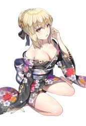 Rule 34 | 1girl, artoria pendragon (fate), bare shoulders, blonde hair, blush, breasts, cleavage, fate/stay night, fate (series), ganik (pisshine), japanese clothes, kimono, looking at viewer, open clothes, open kimono, saber (fate), saber alter, simple background, sitting, solo, white background, yellow eyes