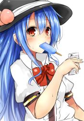 Rule 34 | 1girl, bad id, bad twitter id, black hat, blue hair, blush, bow, bowtie, cellphone, food, food in mouth, frills, fruit, hat, highres, hinanawi tenshi, long hair, looking at viewer, peach, phone, popsicle, puffy short sleeves, puffy sleeves, red bow, red bowtie, red eyes, shirt, short sleeves, smartphone, solo, sweat, touhou, upper body, very long hair, white shirt, wing collar, yuhito (ablbex)