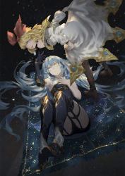 Rule 34 | 2girls, annette (king&#039;s raid), armpits, astronomy, blonde hair, blue carpet, blue eyes, blue hair, boots, bow, bracelet, coat, commentary request, floating, magic carpet, garter straps, gold trim, hair bow, heterochromia, highres, huge bow, jewelry, kara (king&#039;s raid), king&#039;s raid, leaning forward, long hair, looking at another, lying, multiple girls, night, off shoulder, on back, open mouth, red bow, spongeman9214, thigh boots, thighhighs, very long hair, white coat, yellow eyes
