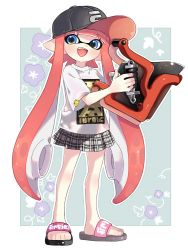 Rule 34 | 1girl, bad id, bad twitter id, baseball cap, black hat, blue eyes, blunt bangs, commentary, fang, floral background, full body, green background, grey skirt, hat, holding, holding weapon, inkling, inkling (language), inkling girl, inkling player character, long hair, looking at viewer, maco spl, miniskirt, nintendo, open mouth, outside border, pleated skirt, pointy ears, print shirt, red hat, sandals, shirt, short sleeves, skirt, slosher (splatoon), smile, solo, splatoon (series), splatoon 1, standing, t-shirt, tentacle hair, weapon, white shirt