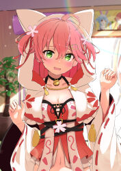 Rule 34 | 1girl, absurdres, ahoge, bell, black choker, blurry, blurry background, blush, breasts, capelet, cat hair ornament, cherry blossom print, choker, floral print, flower, green eyes, hair between eyes, hair flower, hair ornament, hands up, highres, hololive, hood, hood up, hooded capelet, houshou marine, houshou marine (1st costume), long sleeves, looking at viewer, medium breasts, medium hair, midriff, navel, neck bell, open mouth, pink hair, plant, red ribbon, ribbon, ribbon-trimmed sleeves, ribbon trim, sakura miko, sakura miko (work), solo, spice mega, two side up, usada pekora, usada pekora (1st costume), virtual youtuber, white capelet, wide sleeves