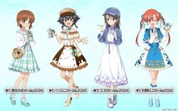 Rule 34 | 4girls, aqua background, aqua footwear, aqua skirt, bag, baseball cap, black hair, blue bow, blue bowtie, blue cape, blue footwear, blue headwear, blue jacket, blue ribbon, blue skirt, bobby socks, boko (girls und panzer), boots, bow, bowtie, box, bracelet, braid, brown dress, brown eyes, brown hair, cape, carrying, casual, character name, closed mouth, collared dress, commentary request, cross-laced footwear, crossed knees, cup, denim, denim headwear, denim jacket, dress, dress shirt, earrings, finger to mouth, frilled dress, frilled shirt, frilled skirt, frilled sleeves, frills, gift, gift box, girls und panzer, girls und panzer little army, girls und panzer senshadou daisakusen!, hair ornament, hair ribbon, hairclip, handbag, hat, high-waist skirt, high heel boots, high heels, holding, holding cup, holding gift, holding spoon, holding teapot, index finger raised, jacket, jewelry, kneehighs, long dress, long hair, long sleeves, looking at viewer, medium dress, medium skirt, mika (girls und panzer), multiple girls, nakasuga emi, nishizumi miho, official alternate costume, official art, one eye closed, open mouth, pepperoni (girls und panzer), plaid, plaid skirt, red eyes, red hair, ribbon, shirt, shoes, short hair, short sleeves, side braids, skirt, smile, sneakers, socks, spoon, standing, standing on one leg, star (symbol), teapot, translated, twintails, watermark, white day, white dress, white footwear, white shirt, white socks