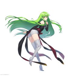 Rule 34 | 1girl, absurdres, bare shoulders, black dress, black sleeves, boots, breasts, c.c., code geass, counter:side, detached sleeves, dress, finger to mouth, floating hair, from side, full body, green hair, high heel boots, high heels, highres, leaning forward, leg up, long hair, looking at viewer, looking to the side, official art, order of the black knights uniform, parted lips, short shorts, shorts, shushing, solo, standing, standing on one leg, tachi-e, teeth, thigh boots, transparent background, very long hair, white footwear, white shorts, yellow eyes