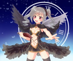 Rule 34 | 10s, 1girl, book, breasts, drill hair, feathers, highres, idolmaster, idolmaster cinderella girls, kanzaki ranko, long hair, open mouth, red eyes, roman numeral, silver hair, solo, thighhighs, twin drills, twintails, yuukyan (ucan85)