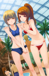 Rule 34 | 2boys, 3girls, bikini, blonde hair, blush, breasts, brown hair, cleavage, dutch angle, long hair, multiple boys, multiple girls, navel, original, own hands together, palm tree, pink eyes, ponytail, short hair, small breasts, smile, swimsuit, tankini, tomamatto, tree, v arms, yellow eyes