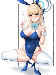 Rule 34 | 1girl, absurdres, animal ears, bare shoulders, blonde hair, blue archive, blue bow, blue eyes, blue hairband, blue leotard, blue nails, bow, bowtie, braid, breasts, detached collar, double v, fake animal ears, groin, hairband, halo, highleg, highleg leotard, highres, large breasts, legs apart, leotard, long hair, official alternate costume, official alternate hairstyle, parted lips, playboy bunny, rabbit ears, solo, squatting, tf cafe, thighhighs, thighs, toki (blue archive), toki (bunny) (blue archive), v, very long hair, white thighhighs, wrist cuffs