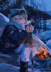 Rule 34 | 1girl, almond (arknights), animal ears, arknights, bare tree, black jacket, blue eyes, bone hair ornament, boots, brown hair, camping, cup, fire, frown, goggles, goggles on head, hair ornament, hairclip, highres, holding, holding cup, jacket, looking to the side, mug, night, outdoors, panties, scarf, ski goggles, solo, steam, tree, underwear, warming hands, white panties, white scarf, zhili xingzou