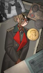 Rule 34 | 1girl, absurdres, belt, black belt, black coat, brown gloves, buttons, coat, coin, cross, epaulettes, german empire, germany, gloves, gold coin, hat, hearts of iron, helmet, highres, iron cross, kaiserreich, light brown hair, map, military, military hat, military uniform, monocle, peaked cap, photo (object), pzkpfwi, trench coat, uniform, white eyes