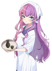 Rule 34 | 1girl, apron, blue eyes, blush, bottle, breasts, choko (cup), closed mouth, cup, hair ornament, hairclip, highres, hiroikara (smhong04), holding, holding tray, indie virtual youtuber, long hair, multicolored hair, pink hair, purple hair, sake bottle, second-party source, smile, split-color hair, streaked hair, tray, uchoten vivi, virtual youtuber, white apron
