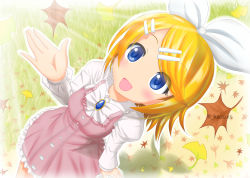 Rule 34 | 1girl, autumn, autumn leaves, blonde hair, blue eyes, blush, bow, brooch, commentary request, dress, falling leaves, frilled dress, frills, from above, ginkgo leaf, hair bow, hair ornament, hairclip, hand up, highres, jewelry, kagamine rin, kazu-chan, leaf, long sleeves, looking up, open mouth, outdoors, partial commentary, pink dress, puffy long sleeves, puffy sleeves, shadow, short hair, smile, solo, sunlight, swept bangs, twitter username, vocaloid, white bow