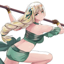 Rule 34 | 1girl, ass, bare shoulders, bikini, black gloves, blonde hair, breasts, butt crack, choker, commentary request, crop top, fingerless gloves, fire emblem, fire emblem: three houses, fire emblem heroes, gloves, green bikini, green choker, green eyes, green ribbon, green shorts, hair ribbon, highres, ingrid brandl galatea, large breasts, long braid, long hair, midriff, nintendo, off-shoulder bikini, off shoulder, ribbon, sail (sail-away), short shorts, short sleeves, shorts, simple background, solo, swimsuit, thighs, very long hair, white background