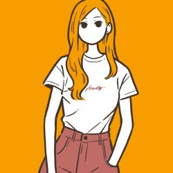 Rule 34 | 1girl, black eyes, cowboy shot, earrings, flat color, hand in pocket, highres, jewelry, long hair, looking at viewer, miyoshi yoshimi, no mouth, no nose, orange background, orange hair, original, pants, red pants, shirt, shirt tucked in, short sleeves, simple background, solo, white shirt