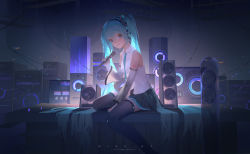 Rule 34 | 1girl, aqua eyes, aqua hair, aqua nails, aqua necktie, backlighting, bare shoulders, between legs, black footwear, black skirt, boots, character name, collared shirt, commentary, detached sleeves, echosdoodle, english commentary, fish, hand between legs, hatsune miku, hatsune miku (nt), headphones, highres, holding, holding microphone, long hair, long sleeves, microphone, miniskirt, nail polish, necktie, number tattoo, on table, parted lips, piapro, shirt, shoulder tattoo, sitting, skirt, smile, solo, speaker, table, tattoo, thigh boots, thighhighs, twintails, very long hair, vocaloid, white shirt, zettai ryouiki