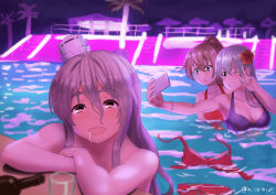 Rule 34 | 3girls, :o, aqua hair, bikini, bottle, breasts, brown hair, censored nipples, cleavage, convenient censoring, cup, drooling, drunk, flower, grey hair, grin, hair between eyes, hair flower, hair ornament, hat, hibiscus, kantai collection, kumano (kancolle), large breasts, long hair, misumi (niku-kyu), multiple girls, neon lights, night, nude, one eye closed, outdoors, palm tree, partially submerged, pola (kancolle), pool, red flower, selfie, smile, suzuya (kancolle), swimsuit, thick eyebrows, tree, twitter username, unworn bikini, unworn swimsuit, v, v over eye, water, wavy hair