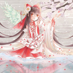 Rule 34 | angel wings, bow, brown hair, cherry blossoms, detached sleeves, flower, hair bow, hair ornament, hair pins, hair tubes, hairpin, hakurei reimu, long hair, red eyes, reflection, ribbon, shimo (smile19910702), single wing, solo, touhou, very long hair, wings