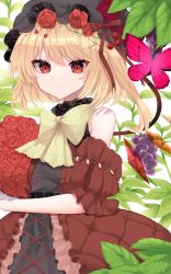 Rule 34 | 1girl, absurdres, alternate costume, bare shoulders, black hat, bouquet, bow, bowtie, brown dress, bug, butterfly, closed mouth, cowboy shot, cross-laced footwear, crystal, dress, flandre scarlet, flower, food, fruit, grapes, hat, highres, holding, holding bouquet, insect, leaf, mob cap, red butterfly, red eyes, red flower, red rose, rori82li, rose, side ponytail, simple background, smile, solo, standing, touhou, white background, wings, yellow bow, yellow bowtie