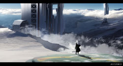 Rule 34 | 1girl, artist name, asteroid ill, bad id, bad pixiv id, black dress, blue sky, building, cloud, day, dress, fog, from behind, highres, iz (asteroid ill), letterboxed, long hair, original, scenery, sky, snow, solo, standing, tower, very wide shot