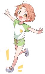 Rule 34 | 1girl, :d, blush, child, collarbone, dolphin shorts, dot nose, full body, green shirt, grey shorts, hair ornament, hairclip, hairpin, highres, idolmaster, idolmaster cinderella girls, idolmaster cinderella girls u149, kanabun, looking at viewer, open mouth, orange hair, outstretched arms, parted bangs, ryuzaki kaoru, shirt, short hair, shorts, simple background, smile, socks, solo, standing, standing on one leg, string, teeth, two-tone shirt, upper teeth only, white background, white footwear, white shirt, white socks, yellow eyes