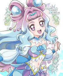 Rule 34 | bandeau, blue background, blue nails, cure la mer, detached sleeves, eyelash ornament, heart, heart in eye, highres, laura la mer, layered skirt, long hair, looking at viewer, magical girl, multicolored eyes, nail polish, open mouth, pearl hair ornament, pink background, pouch, precure, seashell, shell, skirt, symbol in eye, thick eyelashes, tropical-rouge! precure, user kzwm4575, very long hair, white background, white sleeves