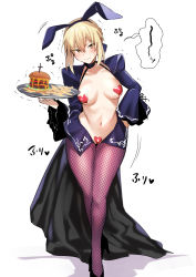 Rule 34 | 1girl, absurdres, animal ears, artoria pendragon (all), artoria pendragon (fate), black dress, black footwear, blonde hair, blush, braid, breasts, burger, closed mouth, danimaru, dress, fake animal ears, fate/stay night, fate (series), female focus, fishnet pantyhose, fishnets, food, french braid, french fries, hair between eyes, heart maebari, heart pasties, high heels, highres, holding, holding tray, juliet sleeves, legs, long hair, long sleeves, looking at viewer, maebari, medium breasts, meme attire, navel, pantyhose, pasties, plate, puffy sleeves, purple pantyhose, rabbit ears, revealing clothes, reverse bunnysuit, reverse outfit, saber alter, sidelocks, simple background, smile, solo, tray, trembling, white background, wide sleeves, yellow eyes