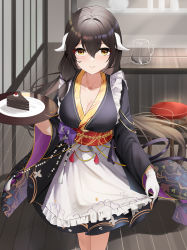Rule 34 | 1girl, apron, azur lane, black hair, breasts, cleavage, closed mouth, colored eyelashes, frilled apron, frills, highres, long hair, maid, mikasa (a romantic respite) (azur lane), mikasa (azur lane), official alternate costume, qing wu, smile, solo, wa maid, white apron