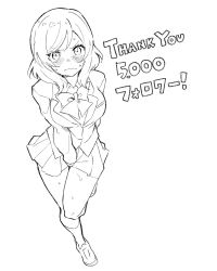 Rule 34 | 1girl, arm behind back, between legs, blush, bow, bowtie, breast pocket, breasts, closed mouth, collared shirt, embarrassed, english text, female focus, full body, greyscale, hand between legs, have to pee, highres, jacket, japanese text, jpeg artifacts, kneehighs, knees together feet apart, leg up, long sleeves, looking at viewer, love live!, medium breasts, medium hair, milestone celebration, miniskirt, monochrome, nishikino maki, nose blush, nuruko (nuru55555), pleated skirt, pocket, school uniform, shirt, shoes, sidelocks, simple background, skirt, socks, solo, standing, standing on one leg, sweat, swept bangs, thank you, translated, v-shaped eyebrows, white background