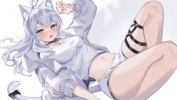 Rule 34 | 1girl, :o, ahoge, animal ears, arm up, black choker, blue eyes, bow, breasts, cat ears, cat girl, cat tail, choker, crop top, hair ornament, hairclip, highres, jacket, knees up, long hair, long sleeves, looking at viewer, medium breasts, midriff, navel, open clothes, open jacket, open mouth, original, shirt, short shorts, shorts, solo, sorani (kaeru0768), stomach, tail, tail bow, tail ornament, thigh strap, thighs, white hair, white jacket, white shirt, white shorts